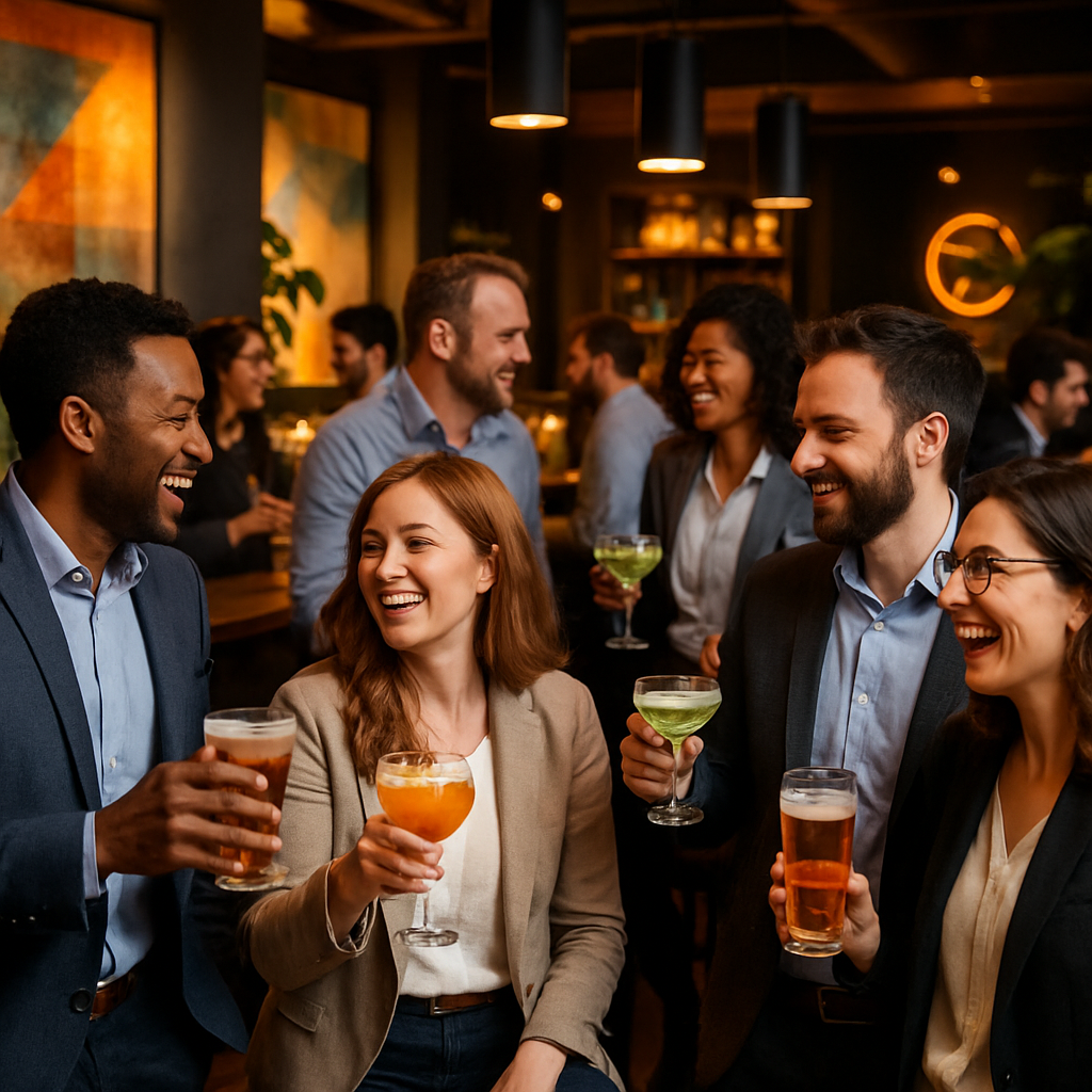 Imagine a vibrant business happy hour scene set in a sleek modern bar illuminated by warm ambient lighting Groups of professionals dressed in smart casual attire engage in lively conversations while clinking glasses filled with colorful cocktails and